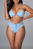 Light Blue Fashion Sexy Solid Patchwork Buttons Backless Strap Design Swimwears