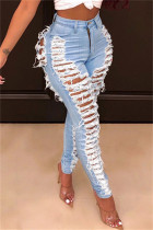 Baby Blue Fashion Casual Solid High Waist Skinny Ripped Denim Jeans