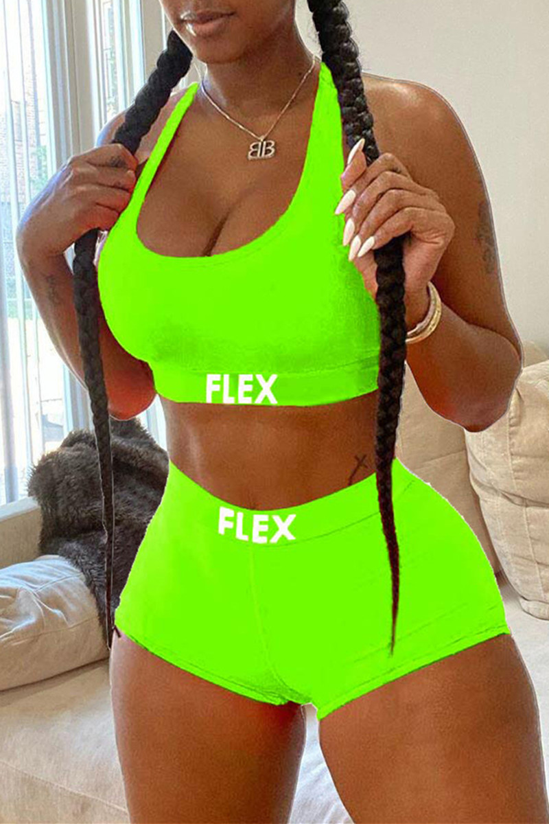 

Fluorescent Green Sexy Casual Sportswear Letter Print Backless U Neck Sleeveless Two Pieces