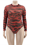 Red Fashion Sexy Print See-through Turtleneck Manches longues Skinny Romper