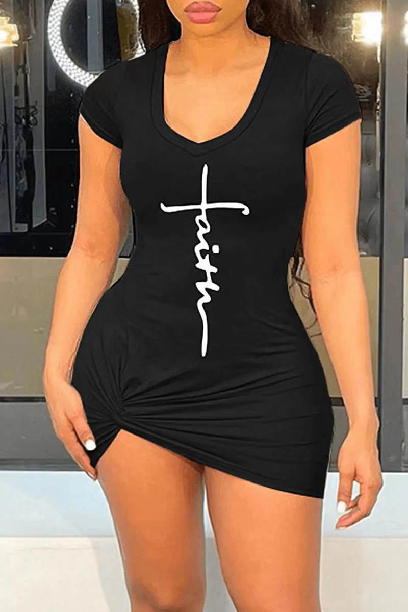 

Black Fashion Casual Print Basic V Neck Short Sleeve Dress