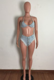 Light Blue Fashion Sexy Solid Patchwork Buttons Backless Strap Design Swimwears