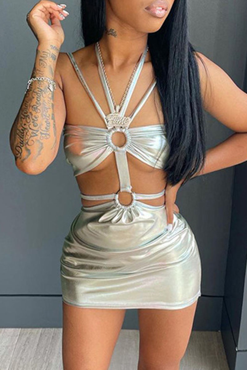 

Silver Sexy Solid Hollowed Out Split Joint Pencil Skirt Dresses