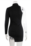 Black Fashion Sexy Solid Asymmetrical Turtleneck Long Sleeve Dresses