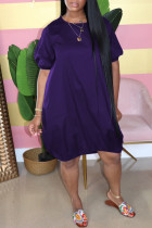 Фиолетовое модное повседневное однотонное базовое платье с круглым вырезом и коротким рукавом