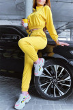 イエロー ファッション カジュアル ソリッド パッチワーク ジッパー カラー ロング スリーブ XNUMX ピース