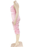 Roze sexy effen patchwork rugloze vouwhalter rok met één stap plus maten jurken