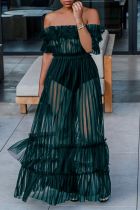 インクグリーンのセクシーなソリッドパッチワークUネックケーキスカートドレス