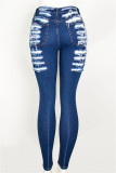 Dark Blue Fashion Casual Solid High Waist Skinny Ripped Denim Jeans