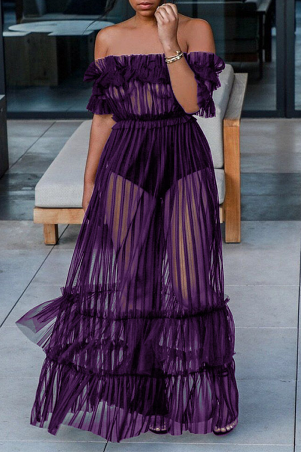 Фиолетовые сексуальные однотонные лоскутные платья с юбкой-юбкой с U-образным вырезом