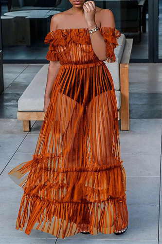 Tangerine Red Sexy Solid Patchwork U Neck Cake Skirt Dresses
