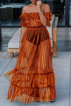 Mandarinenrotes, sexy, solides Patchwork-Kuchenrock-Kleid mit U-Ausschnitt