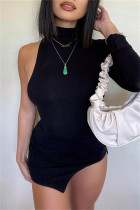 Vestidos pretos fashion sexy assimétricos gola alta mangas compridas