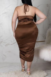 Pink Sexy Solid Patchwork Backless Fold Halter One Step Skirt Plus Size Dresses