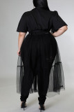 Black Casual Solid Patchwork Buckle Turndown Collar Plus Size Dresses