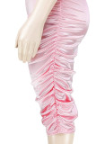 Roze sexy effen patchwork rugloze vouwhalter rok met één stap plus maten jurken