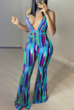 Colour Fashion Sexy Print Backless Halter Regular Jumpsuits