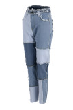 Blaue, modische, lässige Patchwork-Basic-Jeans mit hoher Taille und normaler Passform