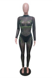 Svart mode sexigt lapptäcke Genomskinliga Half A Turtleneck Skinny Jumpsuits