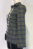 Green Sexy Plaid Print Bandage Hollowed Out Patchwork Turndown Collar Tops