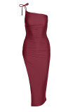 Бордовое модное сексуальное однотонное длинное платье с открытой спиной и разрезом на тонких бретелях