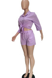 Purple Casual Solid Patchwork Buckle Turndown Collar Three Quarter Two Pieces