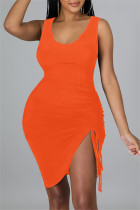 Orange Sexy Casual Solid Draw String Frenulum O Neck Vest Dress