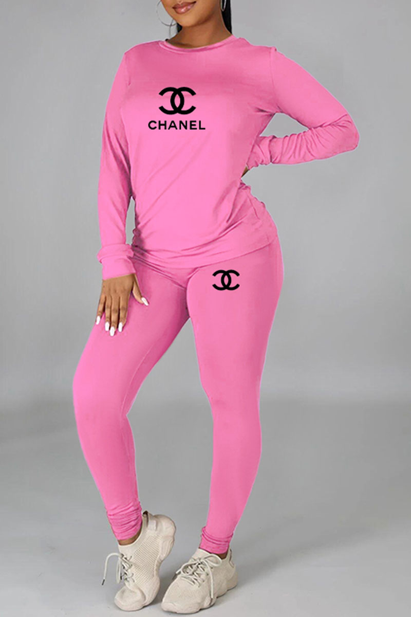 

Light Purple Fashion Casual Print Letter O Neck Long Sleeve Two Pieces