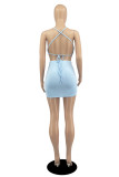 Blue Sexy Casual Solid Bandage Strap Design Spaghetti Strap Sleeveless Two Pieces