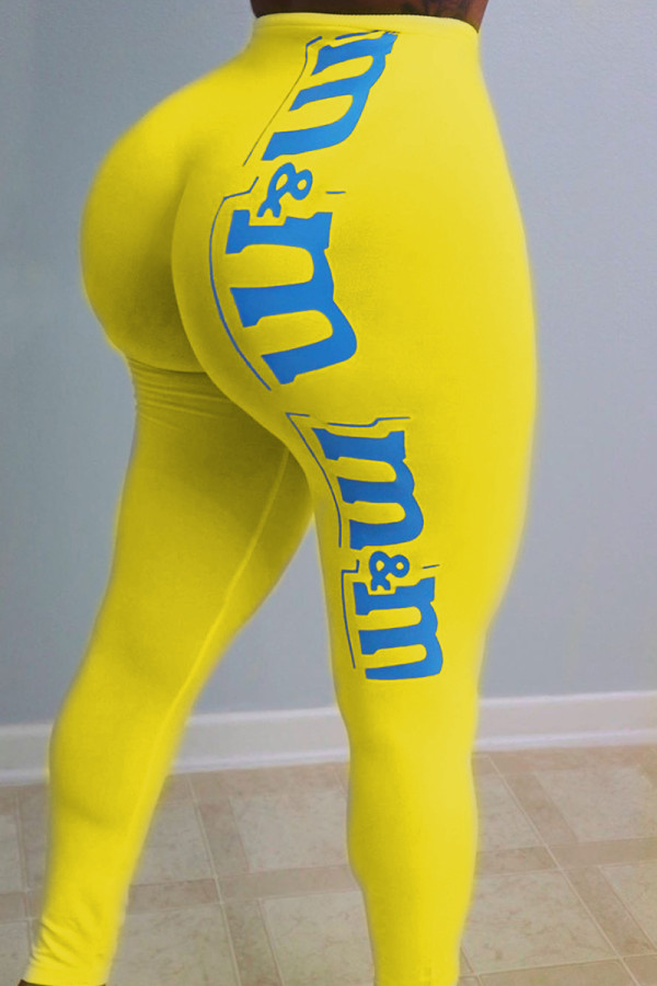 Pantalones lápiz de cintura alta flacos básicos con estampado de letras informales de moda amarillo