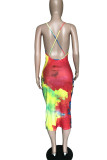 Multicolor Sexy Print Tie Dye Patchwork Spaghetti Strap Sling Dress Dresses