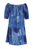 Blauwe mode casual print backless off-shoulder bedrukte jurk