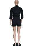Black Casual Solid Patchwork Buckle Turndown Collar Three Quarter Two Pieces