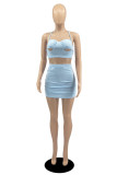 Blue Sexy Casual Solid Bandage Strap Design Spaghetti Strap Sleeveless Two Pieces