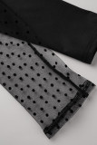 Moda preta sólida patchwork transparente meia gola alta vestidos de manga comprida