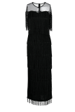 黒のセクシーなソリッドタッセルメッシュOネックの不規則なドレスドレス