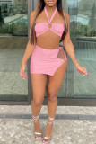 Pink Fashion Sexy Solid Hollowed Out Patchwork Backless Strapless Sleeveless Two Pieces