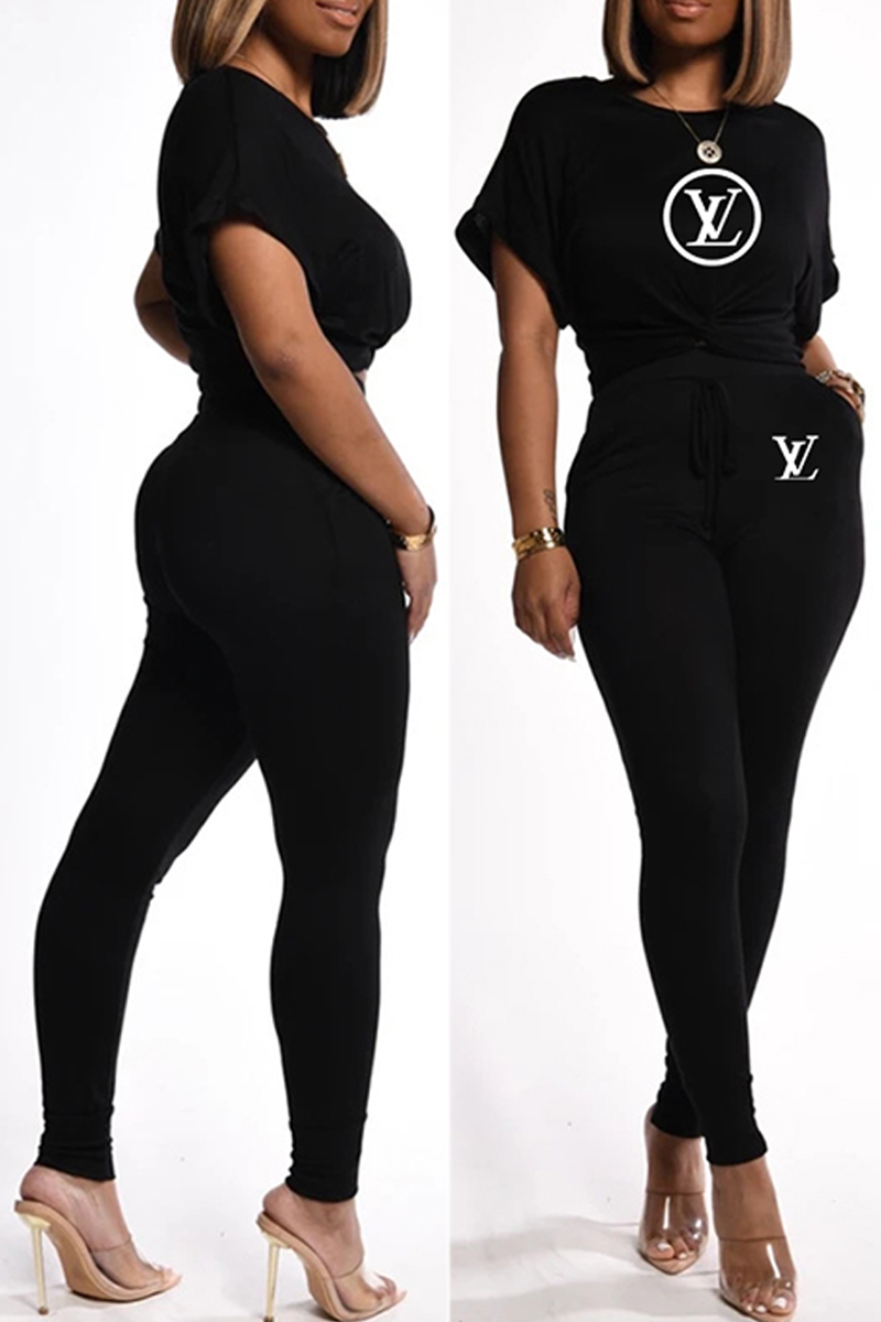 

Black Fashion Casual Print Letter O Neck Short Sleeve Two Pieces