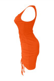 Orange Sexig Casual Solid Draw String Frenulum O Neck Västklänning