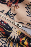 Khaki sexigt tryck Patchwork Zipper Plus Size Jumpsuits