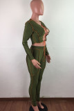 Olive Green Fashion Sexy Solid Bandage Hollowed Out O Neck Long Sleeve Two Pieces