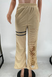 Khaki Casual Street Solid Hollowed Out Patchwork Zipper Boot Cut High Waist Speaker Solid Color Bottoms