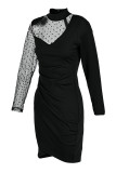 Черные модные однотонные лоскутные прозрачные платья с воротником до половины и длинными рукавами