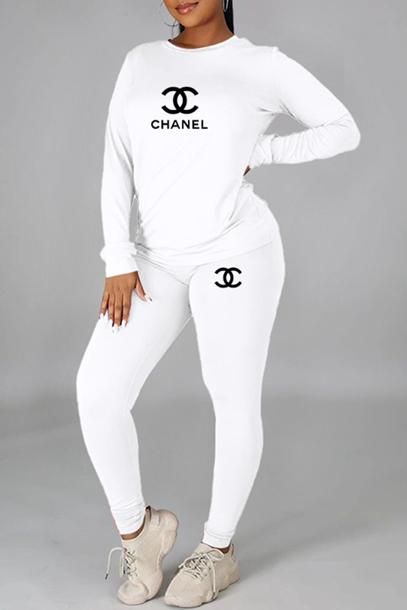 

White Fashion Casual Print Letter O Neck Long Sleeve Two Pieces