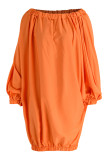 Оранжевые сексуальные повседневные однотонные платья с открытой спиной и длинными рукавами на плечах