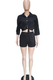 Black Casual Solid Patchwork Buckle Turndown Collar Three Quarter Two Pieces