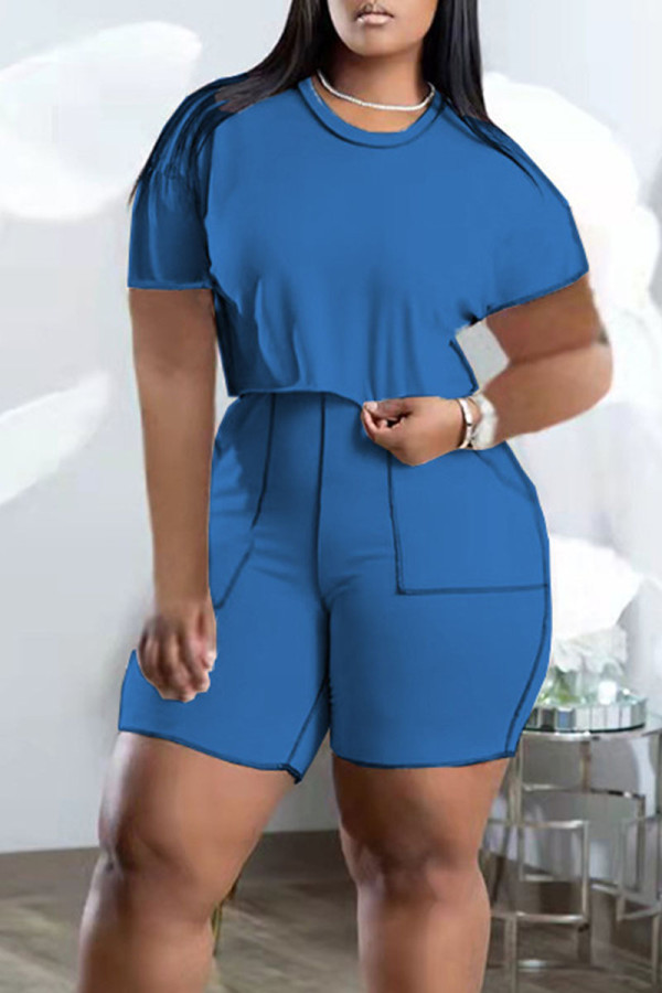 Sky Blue Casual Solid Patchwork O Neck Plus Size Two Pieces