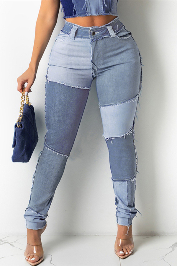 Jeans regolari di base a vita alta patchwork casual blu moda