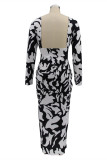 Vert d'encre Fashion Casual Print Backless O Neck Robes à manches longues