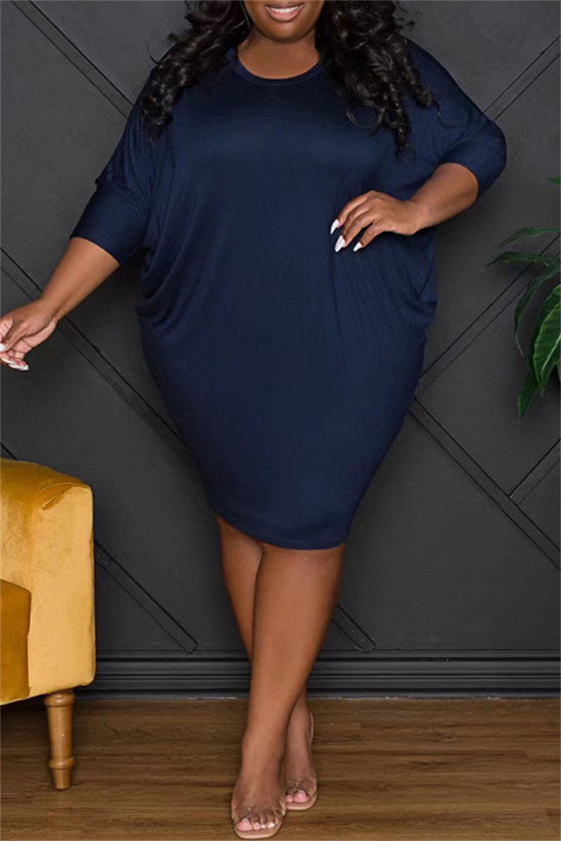 

Deep Blue Fashion Casual Solid Fold O Neck Plus Size Dresses